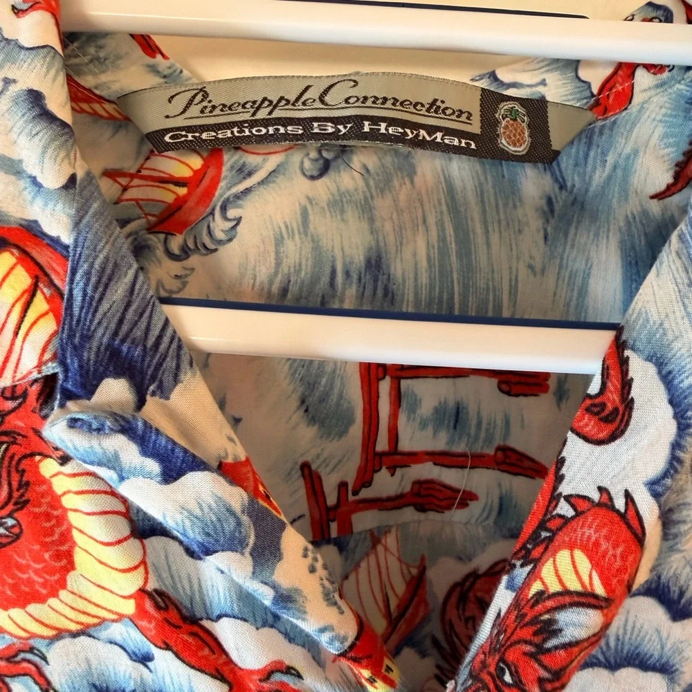 Pineapple Connection Dragon Hawaiian Shirt Blue Red Aloha Button Up